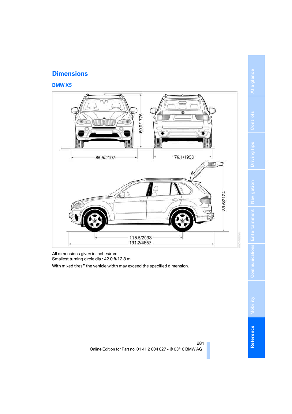 Dimensions | BMW X6 M 2011 User Manual | Page 283 / 312