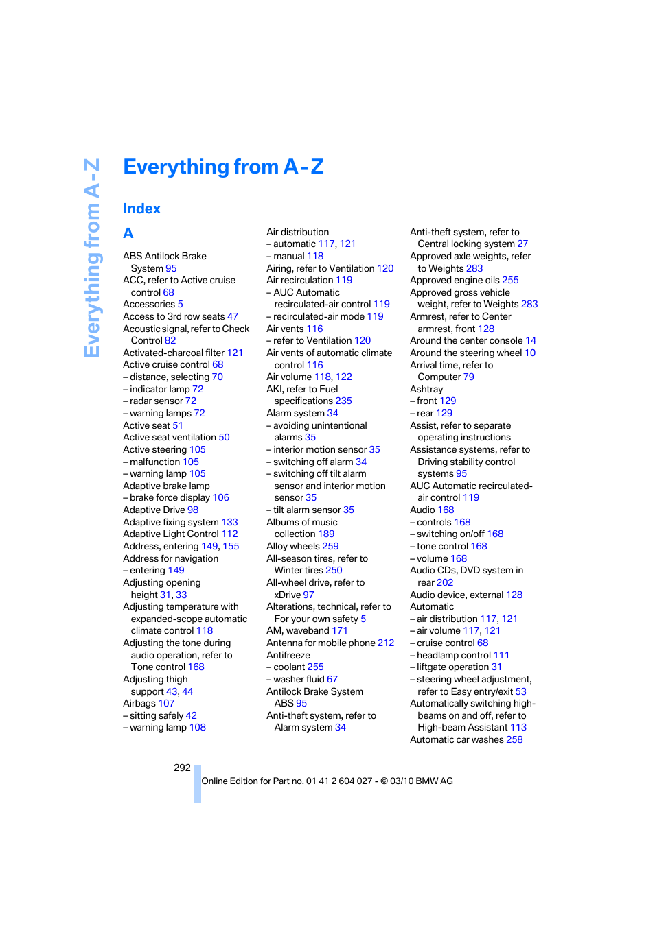 Everything from a - z, Index, Everything from a -z | Everything from a-z, Index a | BMW X6 M 2011 User Manual | Page 294 / 312