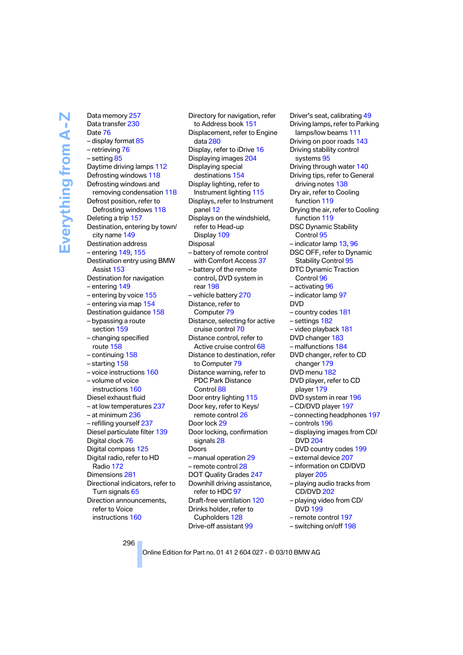 Everything from a -z | BMW X6 M 2011 User Manual | Page 298 / 312