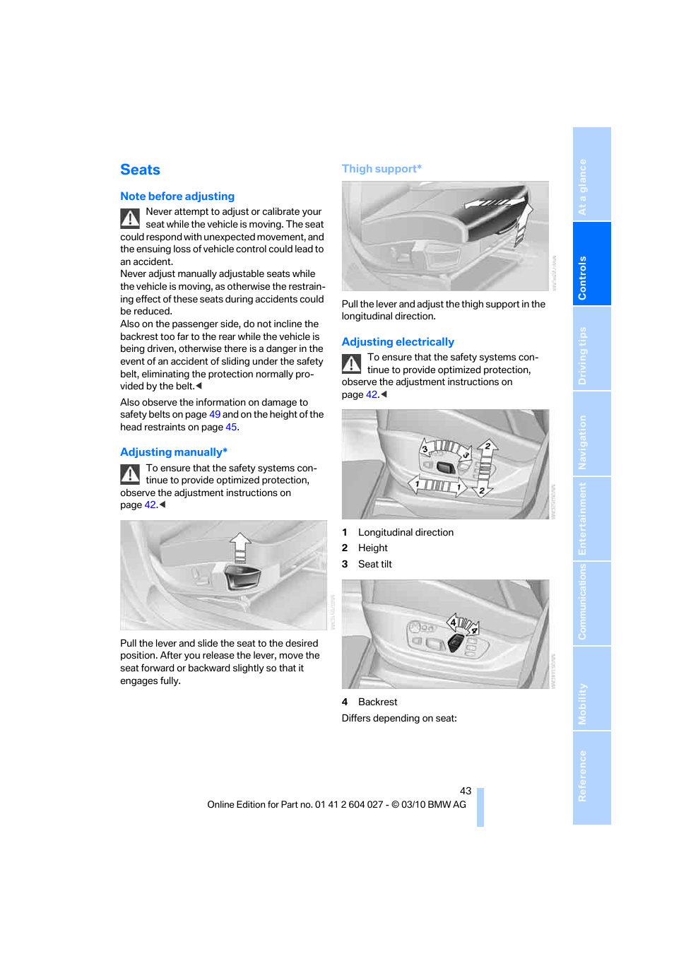 Seats | BMW X6 M 2011 User Manual | Page 45 / 312