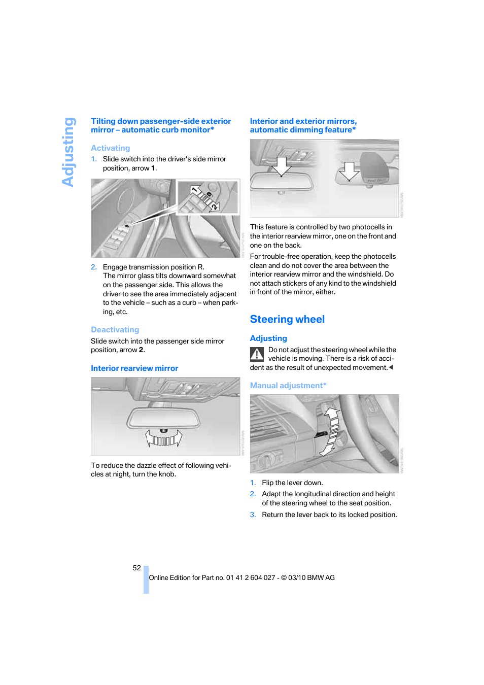 Steering wheel, Adjusting | BMW X6 M 2011 User Manual | Page 54 / 312