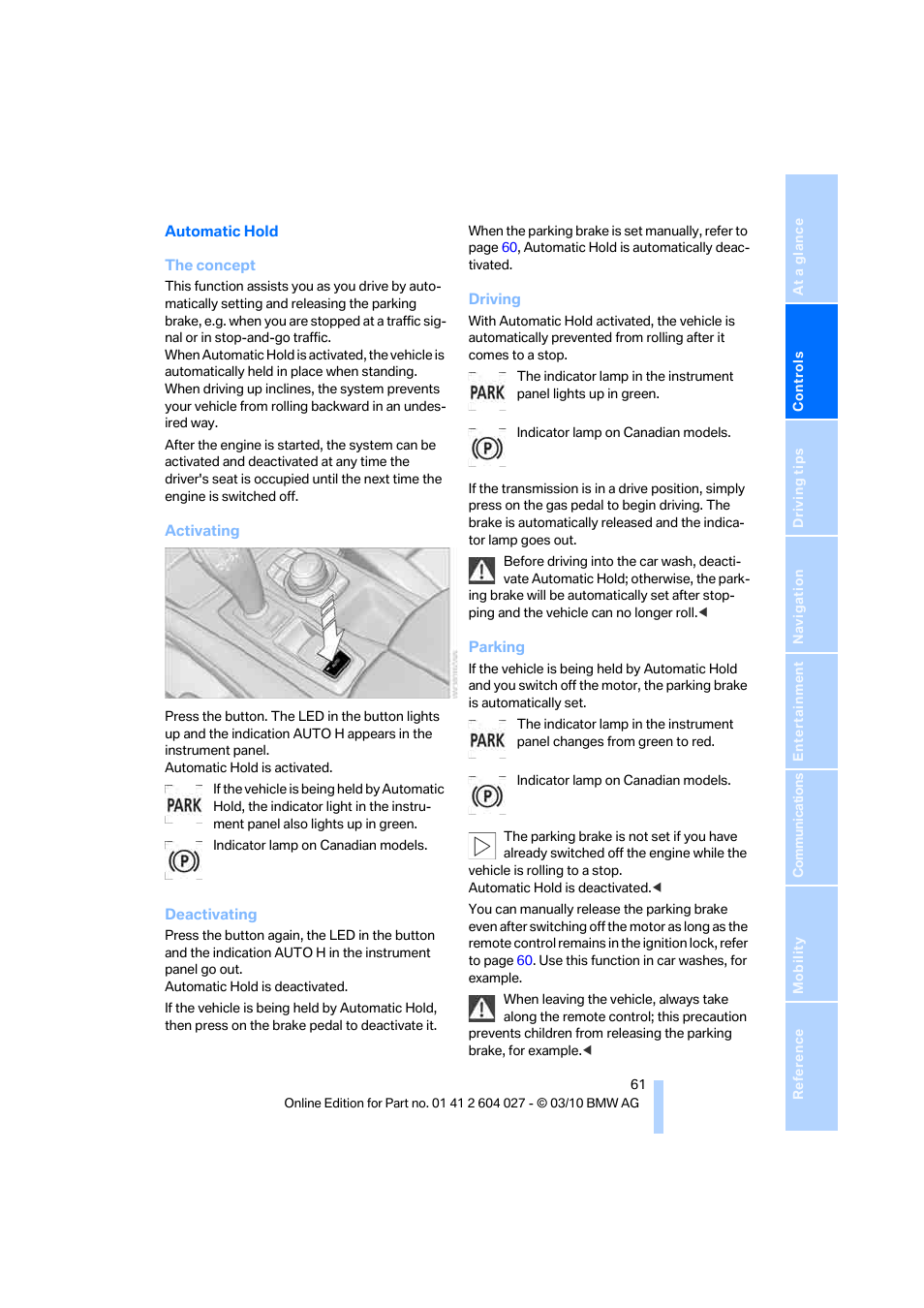 Automatic hold | BMW X6 M 2011 User Manual | Page 63 / 312