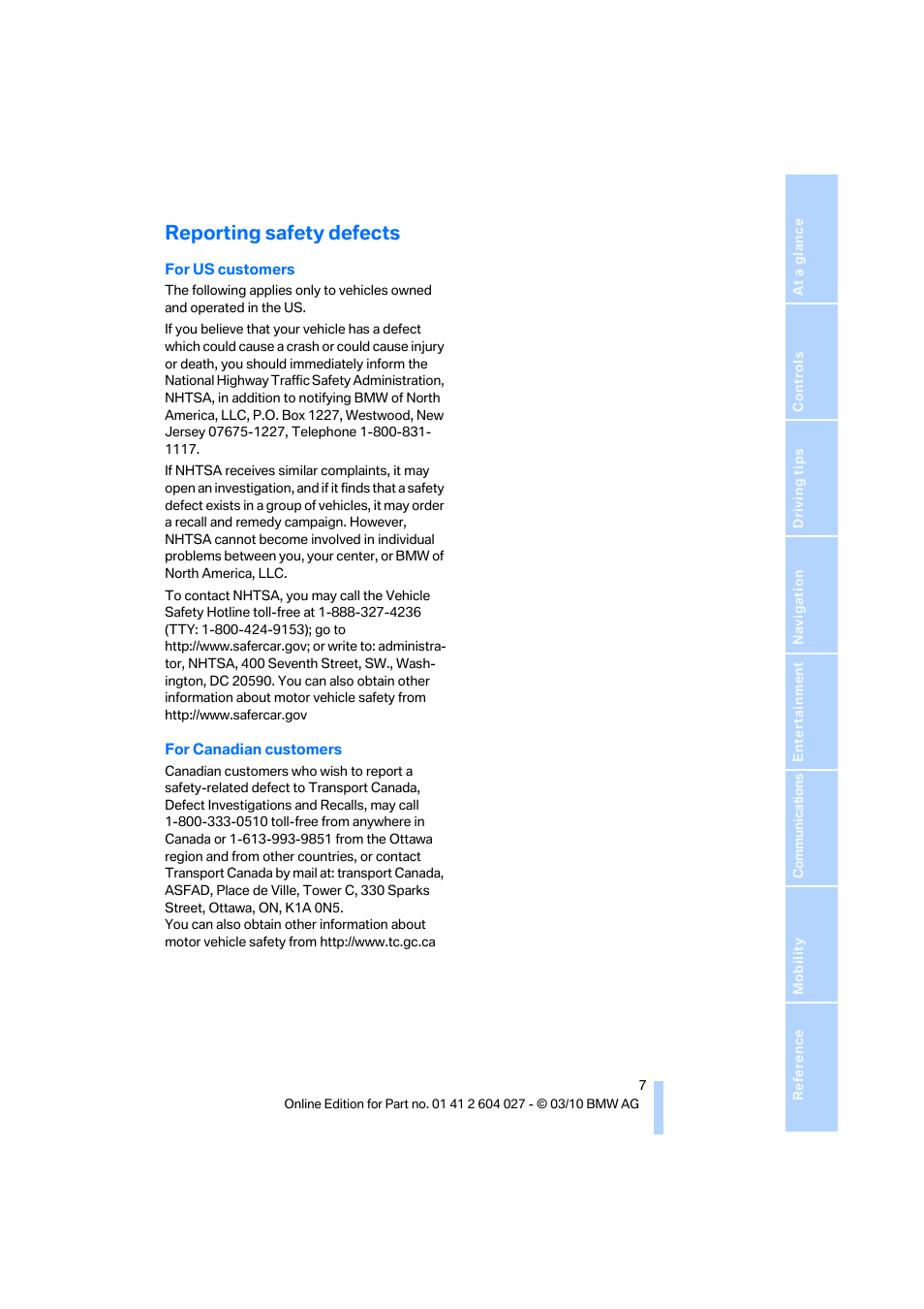 Reporting safety defects | BMW X6 M 2011 User Manual | Page 9 / 312