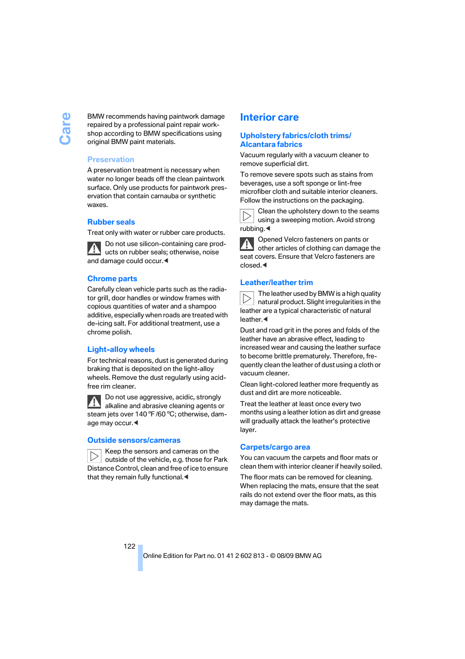 Interior care, Care | BMW 135i Convertible 2010 User Manual | Page 124 / 166