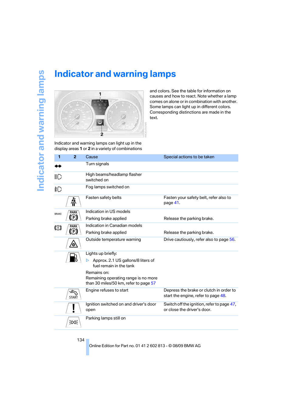 Indicator and warning lamps, Indicat o r and warni n g lam p s | BMW 135i Convertible 2010 User Manual | Page 136 / 166