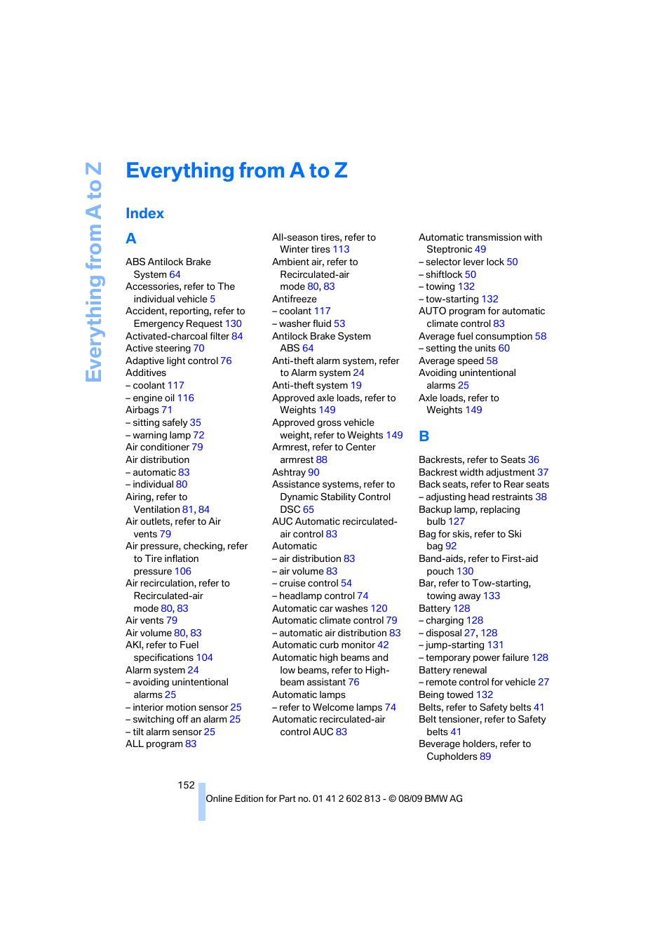 Everything from a to z, Index, Index a | BMW 135i Convertible 2010 User Manual | Page 154 / 166