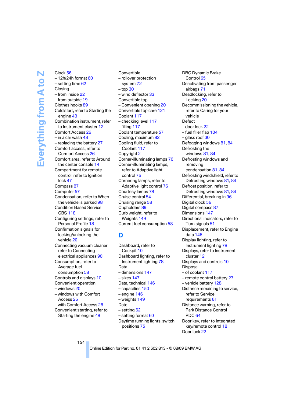 Everything from a to z | BMW 135i Convertible 2010 User Manual | Page 156 / 166