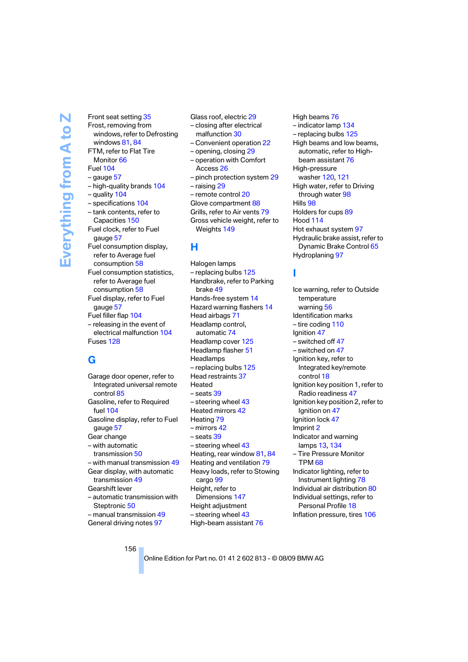 Everything from a to z | BMW 135i Convertible 2010 User Manual | Page 158 / 166