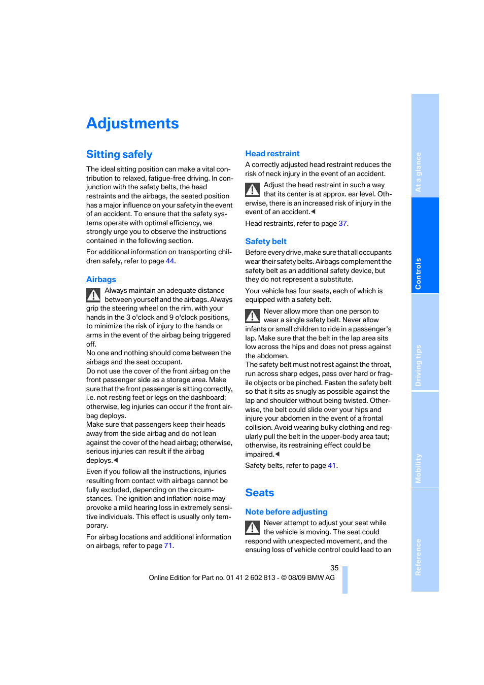 Adjustments, Sitting safely, Seats | BMW 135i Convertible 2010 User Manual | Page 37 / 166