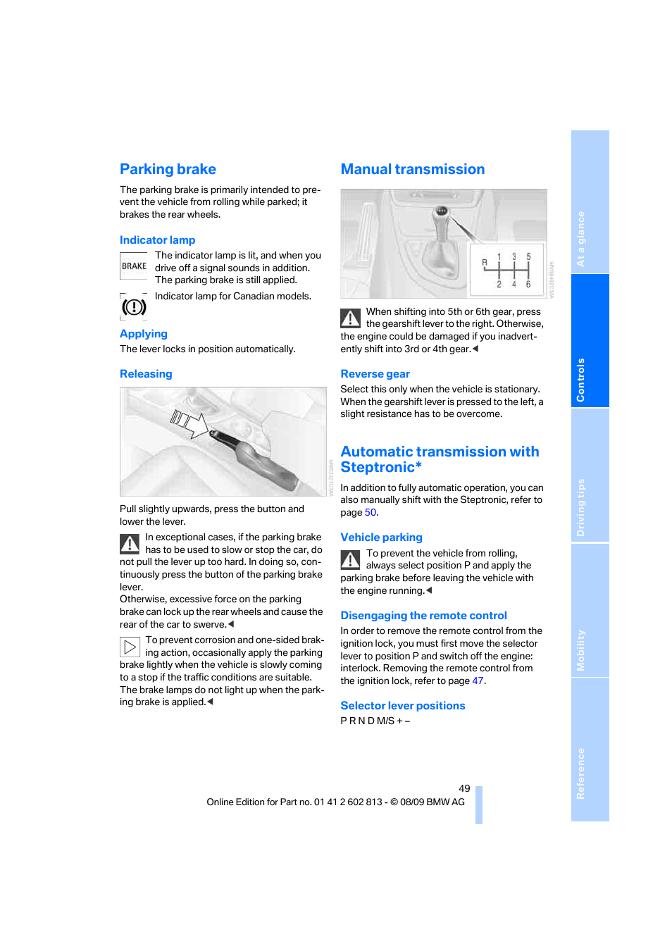 Parking brake, Manual transmission, Automatic transmission with steptronic | BMW 135i Convertible 2010 User Manual | Page 51 / 166