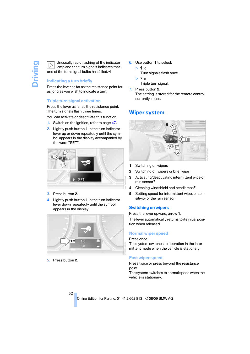 Wiper system, Driving | BMW 135i Convertible 2010 User Manual | Page 54 / 166