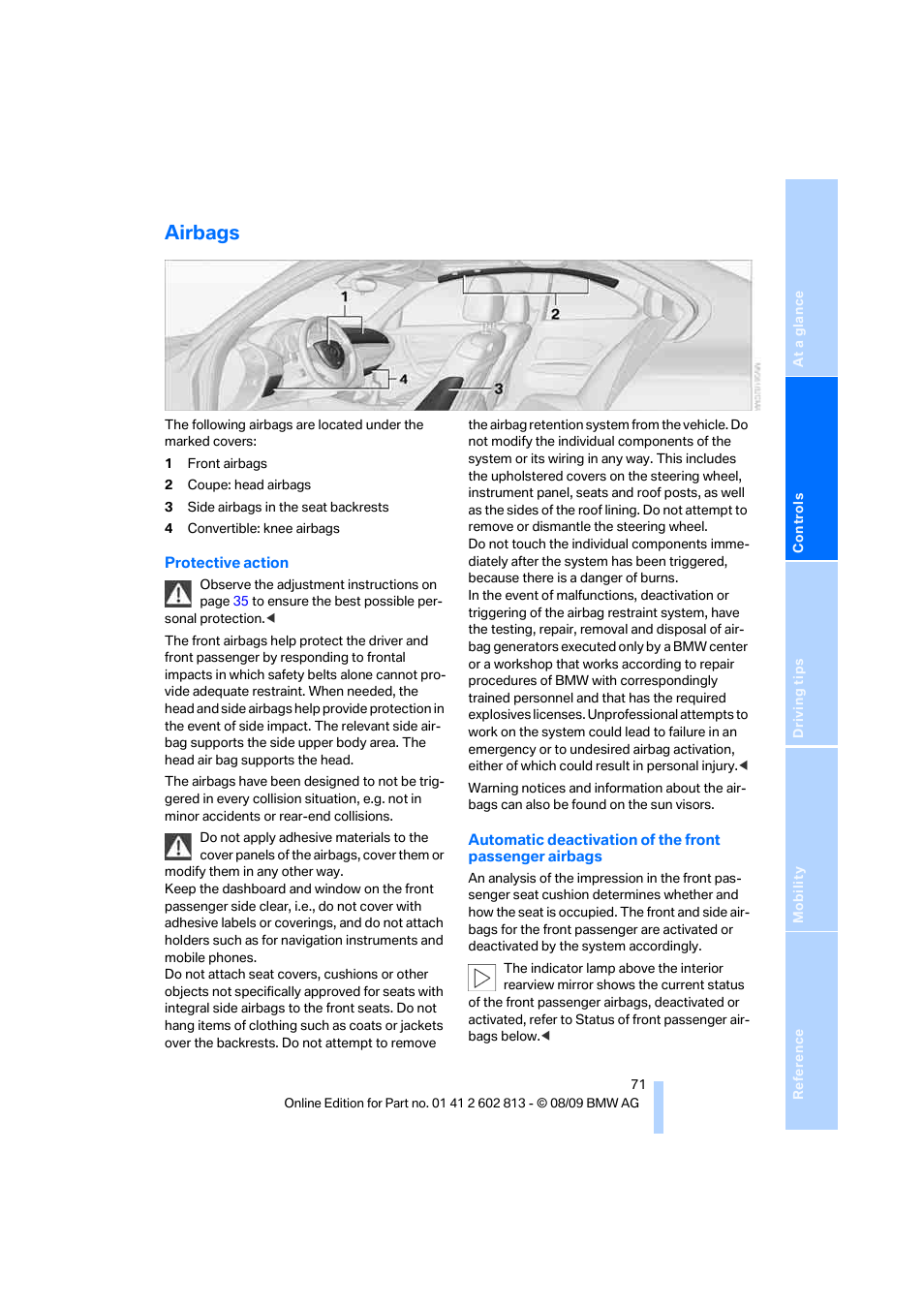 Airbags | BMW 135i Convertible 2010 User Manual | Page 73 / 166