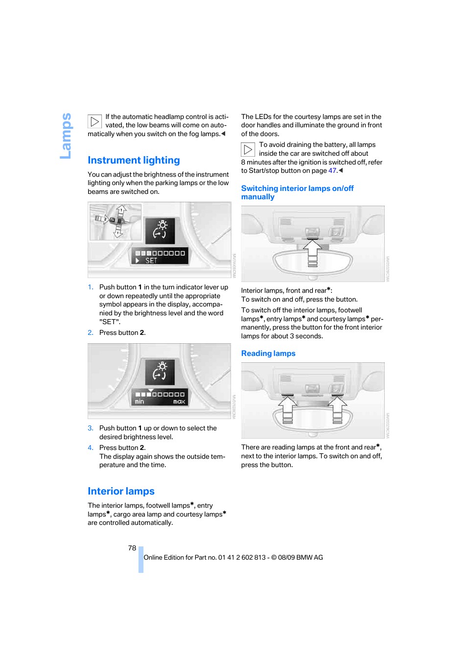 Instrument lighting, Interior lamps, La mp s | BMW 135i Convertible 2010 User Manual | Page 80 / 166