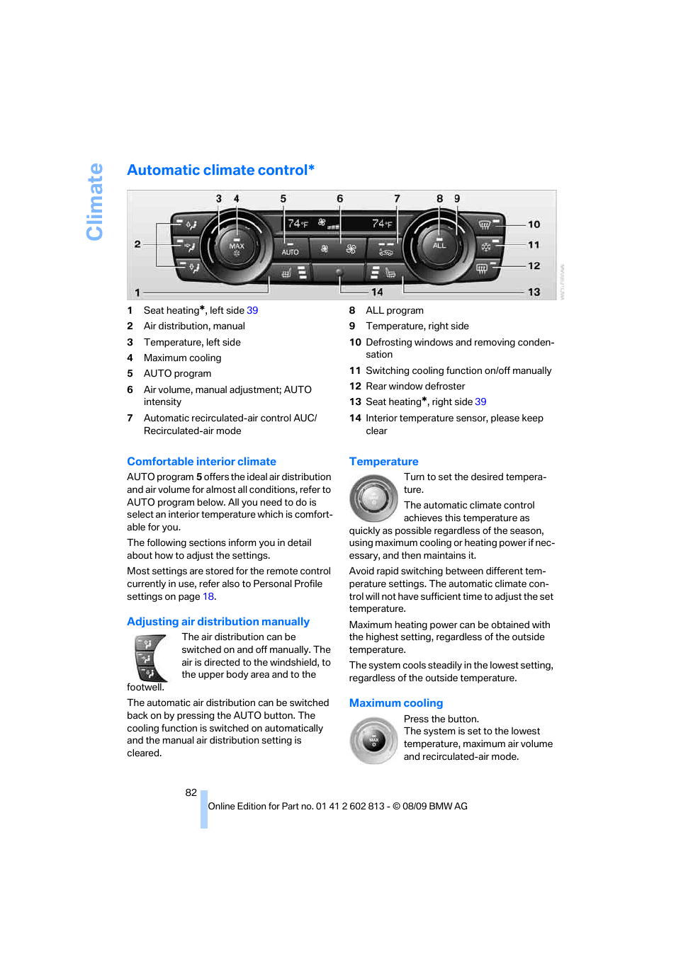 Automatic climate control, Climate | BMW 135i Convertible 2010 User Manual | Page 84 / 166