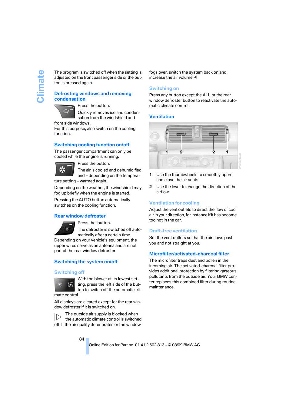 Climate | BMW 135i Convertible 2010 User Manual | Page 86 / 166