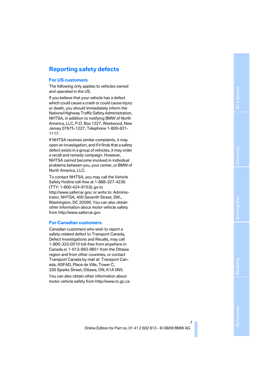 Reporting safety defects | BMW 135i Convertible 2010 User Manual | Page 9 / 166