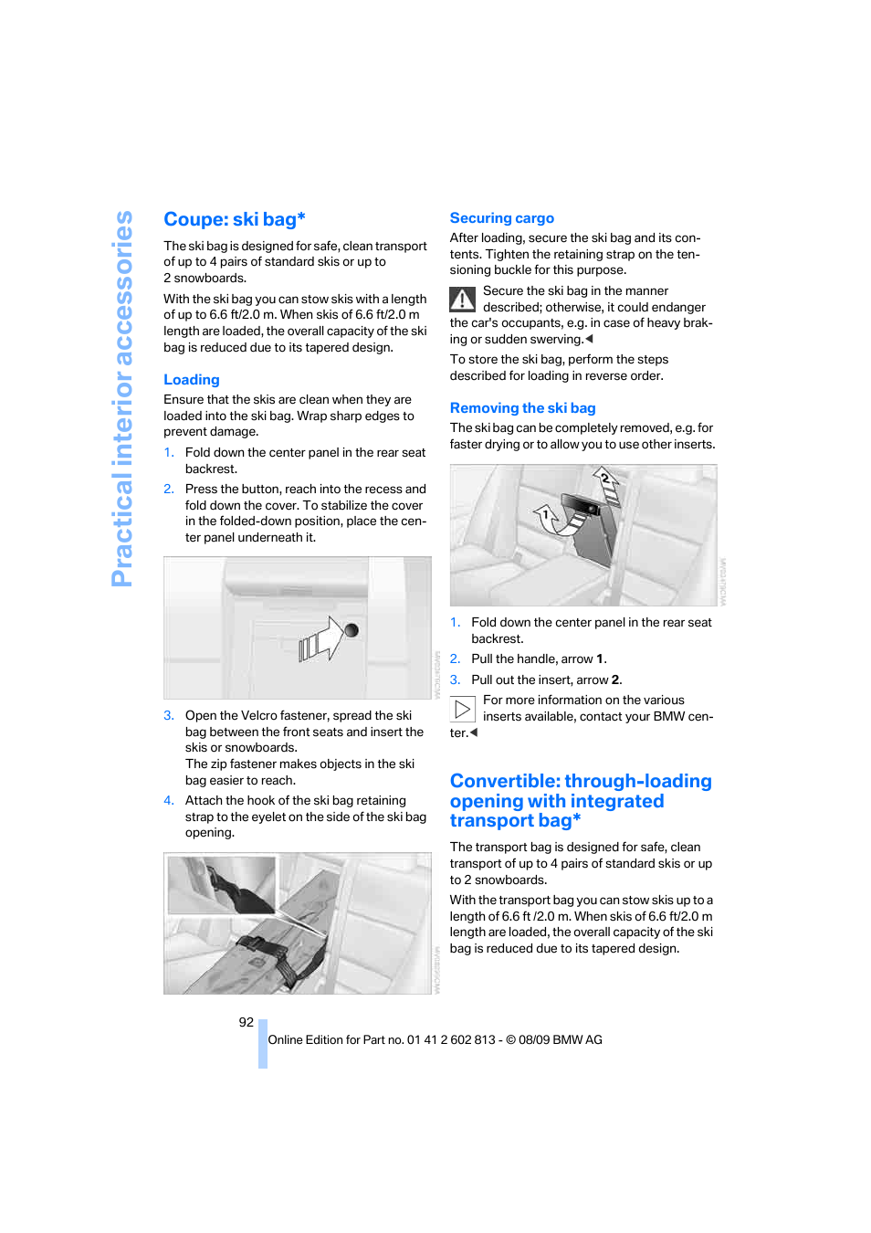 Coupe: ski bag, Practical interi or acc ess orie s | BMW 135i Convertible 2010 User Manual | Page 94 / 166