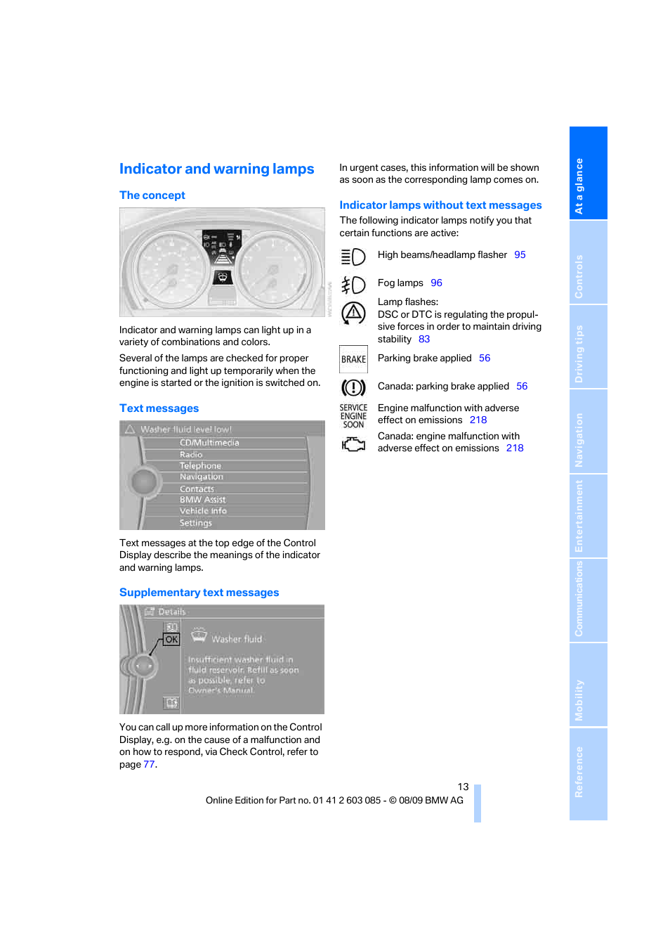 Indicator and warning lamps | BMW 328i Convertible 2010 User Manual | Page 15 / 266