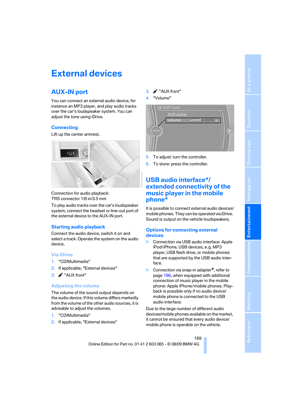 External devices, Aux-in port | BMW 328i Convertible 2010 User Manual | Page 171 / 266