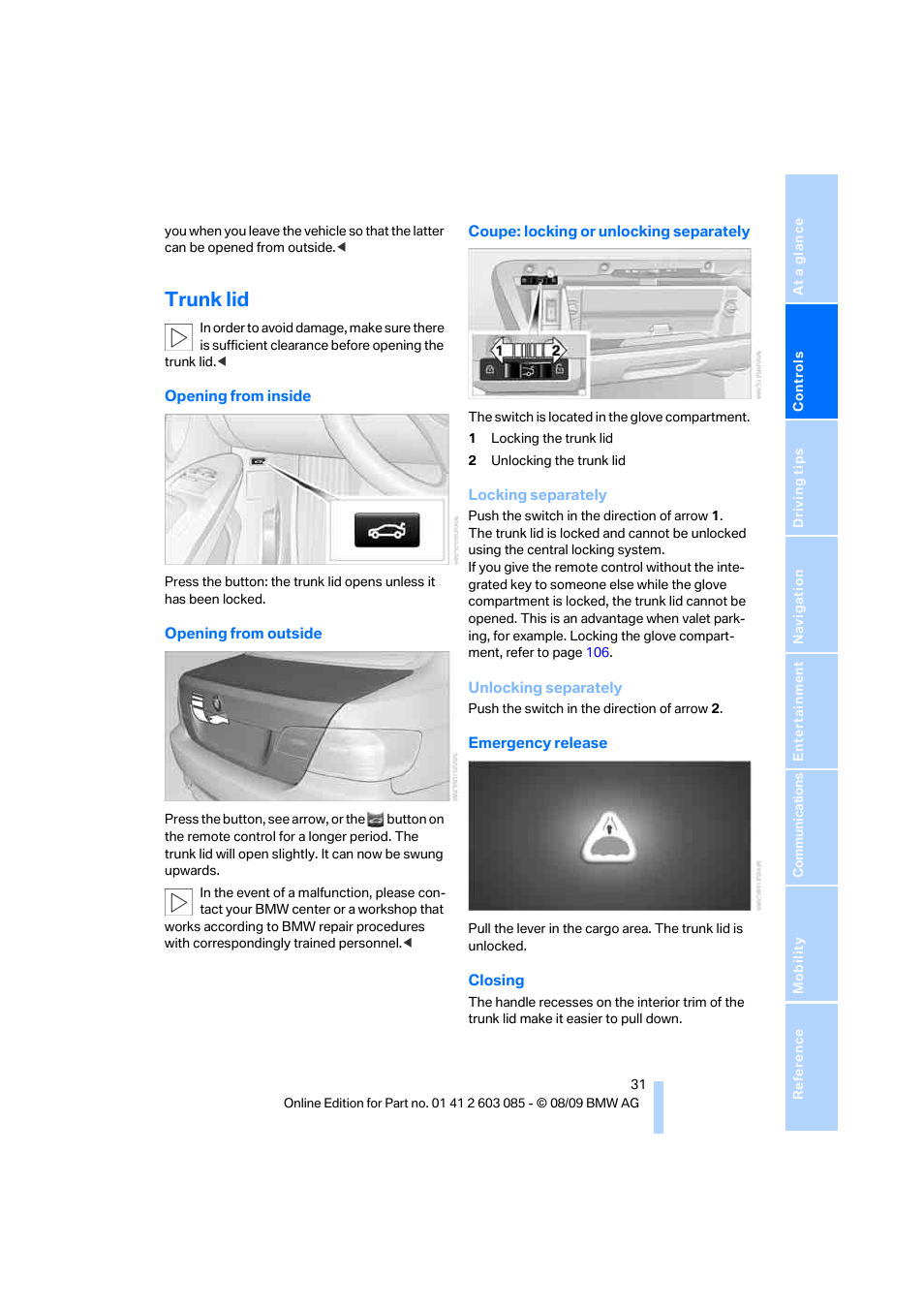 Trunk lid | BMW 328i Convertible 2010 User Manual | Page 33 / 266