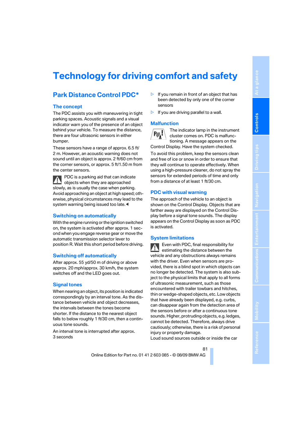 Technology for driving comfort and safety, Park distance control pdc | BMW 328i Convertible 2010 User Manual | Page 83 / 266