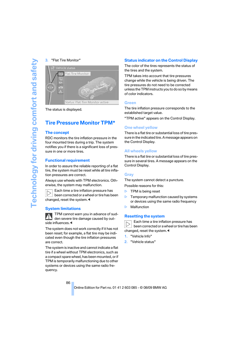 Tire pressure monitor tpm, Te chnology for driving comfort and safe ty | BMW 328i Convertible 2010 User Manual | Page 88 / 266