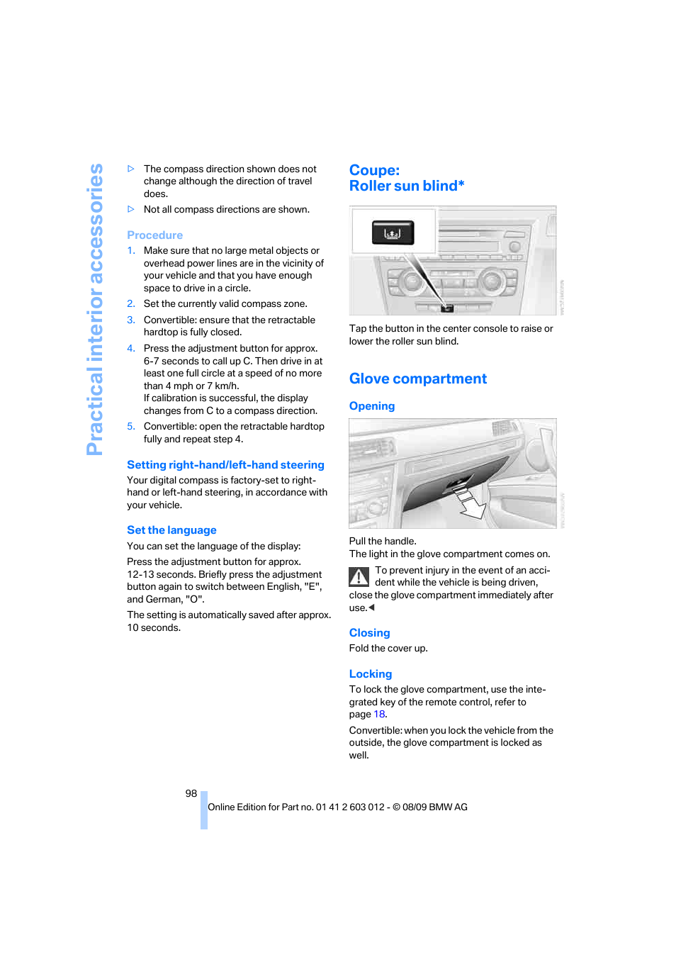 Coupe: roller sun blind, Glove compartment, Practical interi or acc ess orie s | BMW 335i Convertible 2010 User Manual | Page 100 / 188