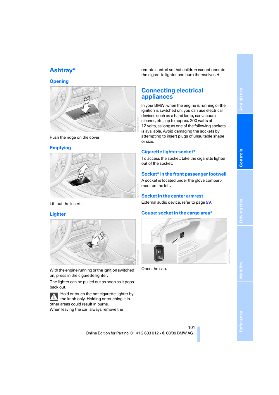 Ashtray, Connecting electrical appliances | BMW 335i Convertible 2010 User Manual | Page 103 / 188