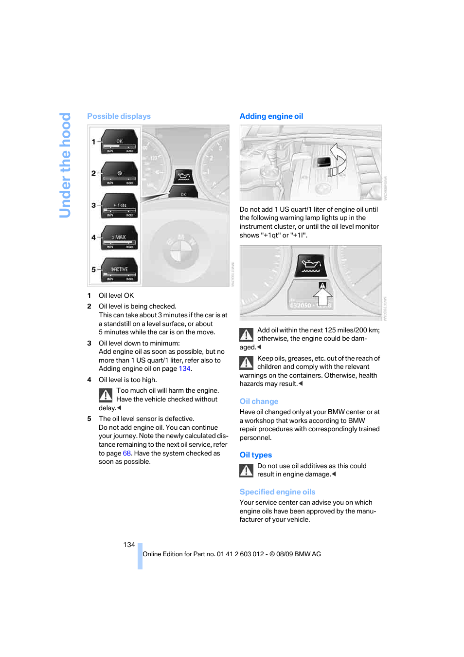 To adding, Engine oil | BMW 335i Convertible 2010 User Manual | Page 136 / 188