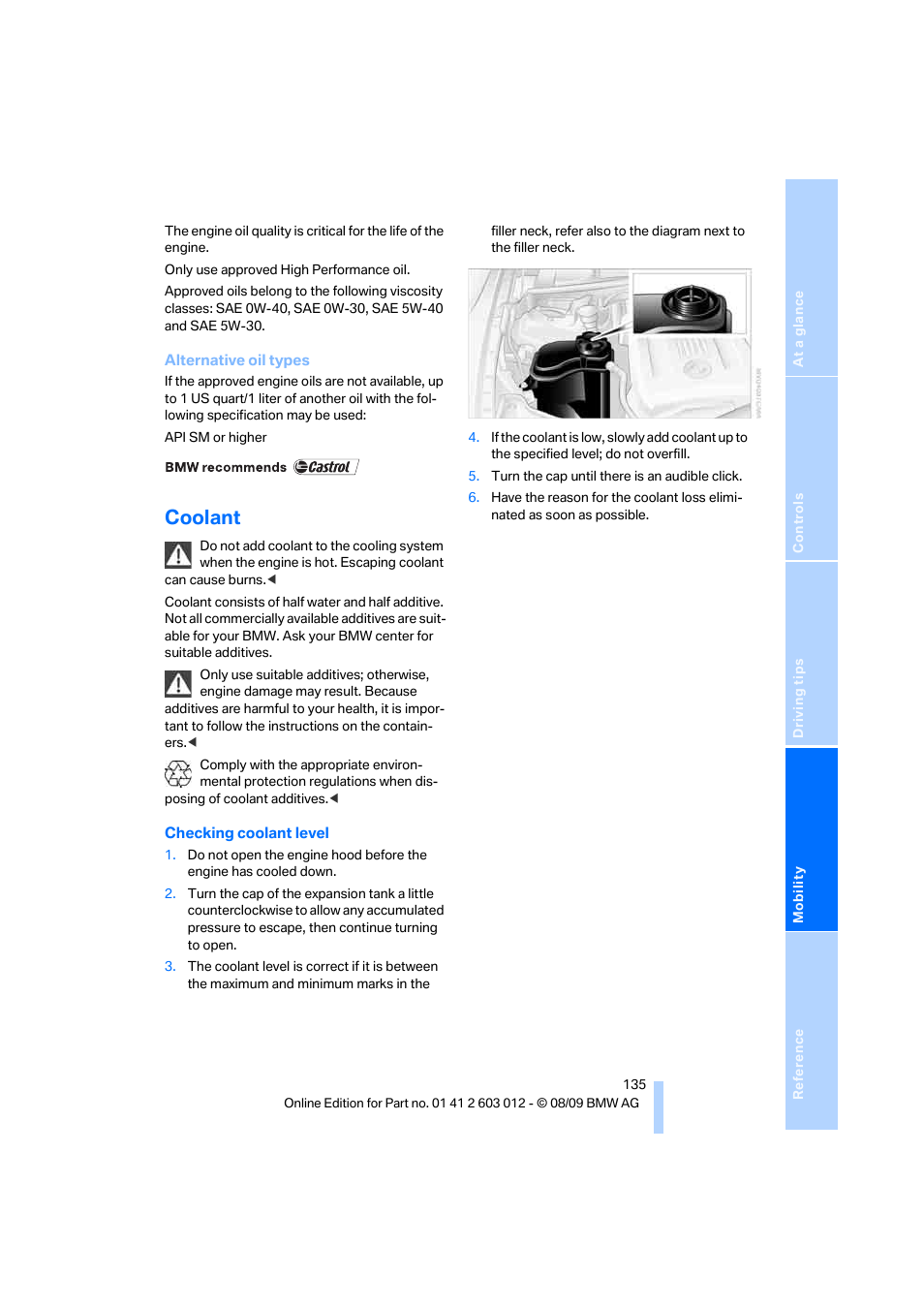 Coolant | BMW 335i Convertible 2010 User Manual | Page 137 / 188