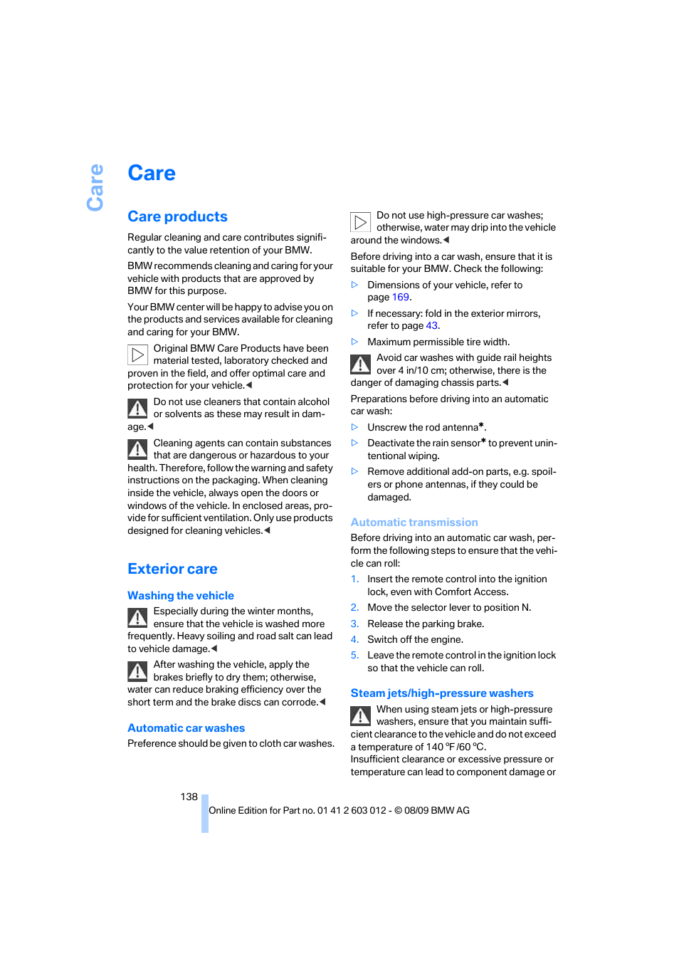 Care, Care products, Exterior care | BMW 335i Convertible 2010 User Manual | Page 140 / 188