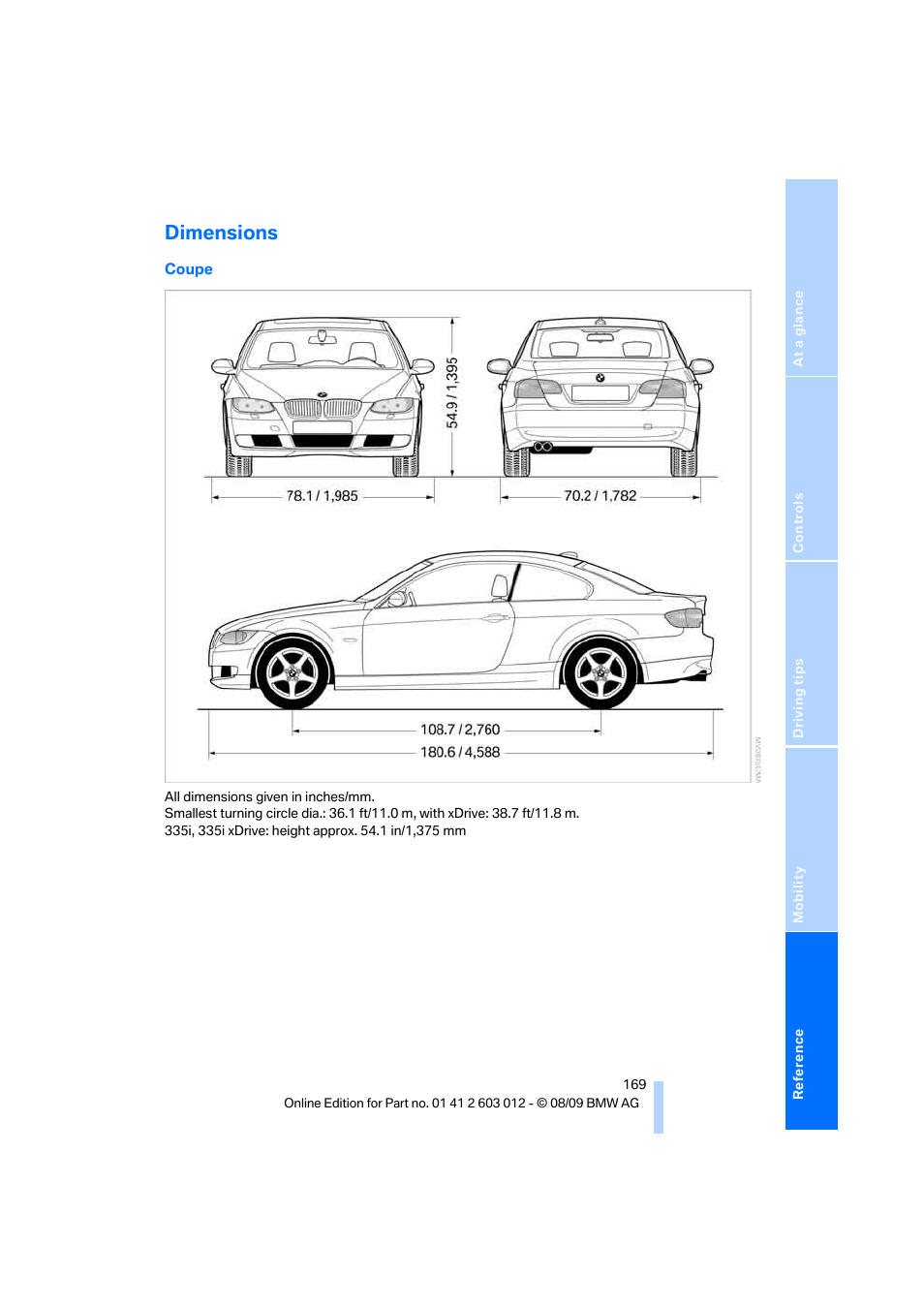 Dimensions | BMW 335i Convertible 2010 User Manual | Page 171 / 188