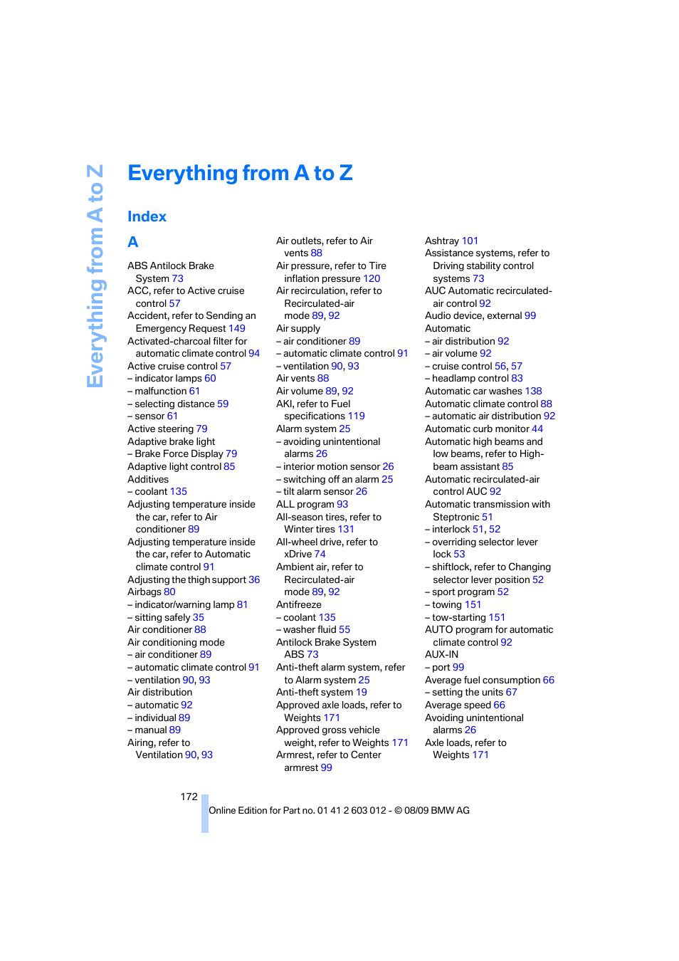 Everything from a to z, Index, Index a | BMW 335i Convertible 2010 User Manual | Page 174 / 188