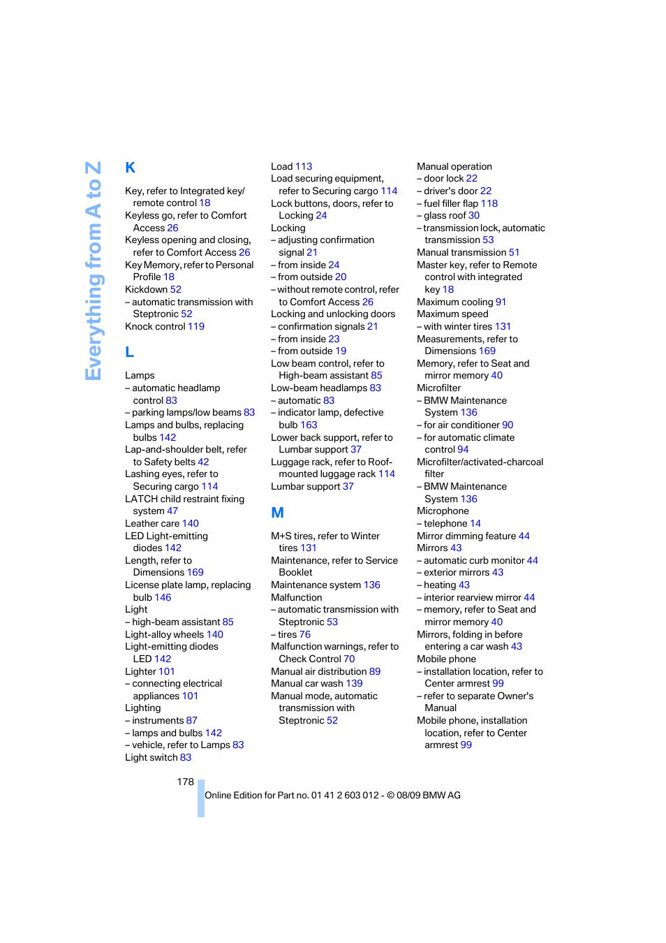 Everything from a to z | BMW 335i Convertible 2010 User Manual | Page 180 / 188