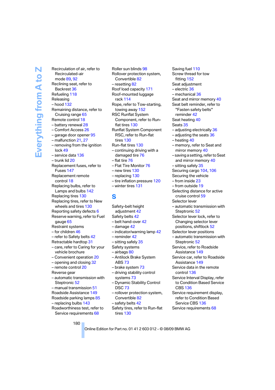 Everything from a to z | BMW 335i Convertible 2010 User Manual | Page 182 / 188