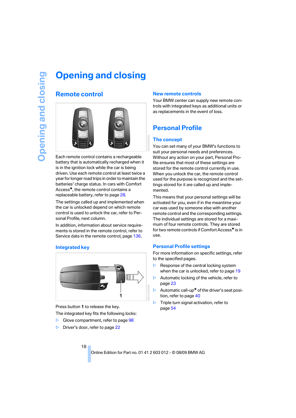 Opening and closing, Remote control, Personal profile | BMW 335i Convertible 2010 User Manual | Page 20 / 188