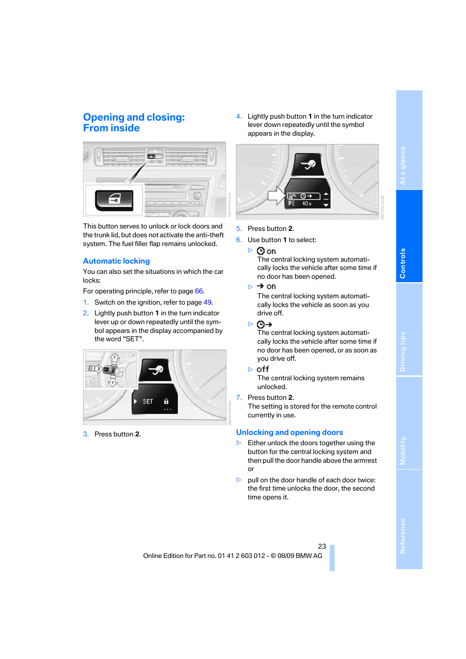 Opening and closing: from inside | BMW 335i Convertible 2010 User Manual | Page 25 / 188