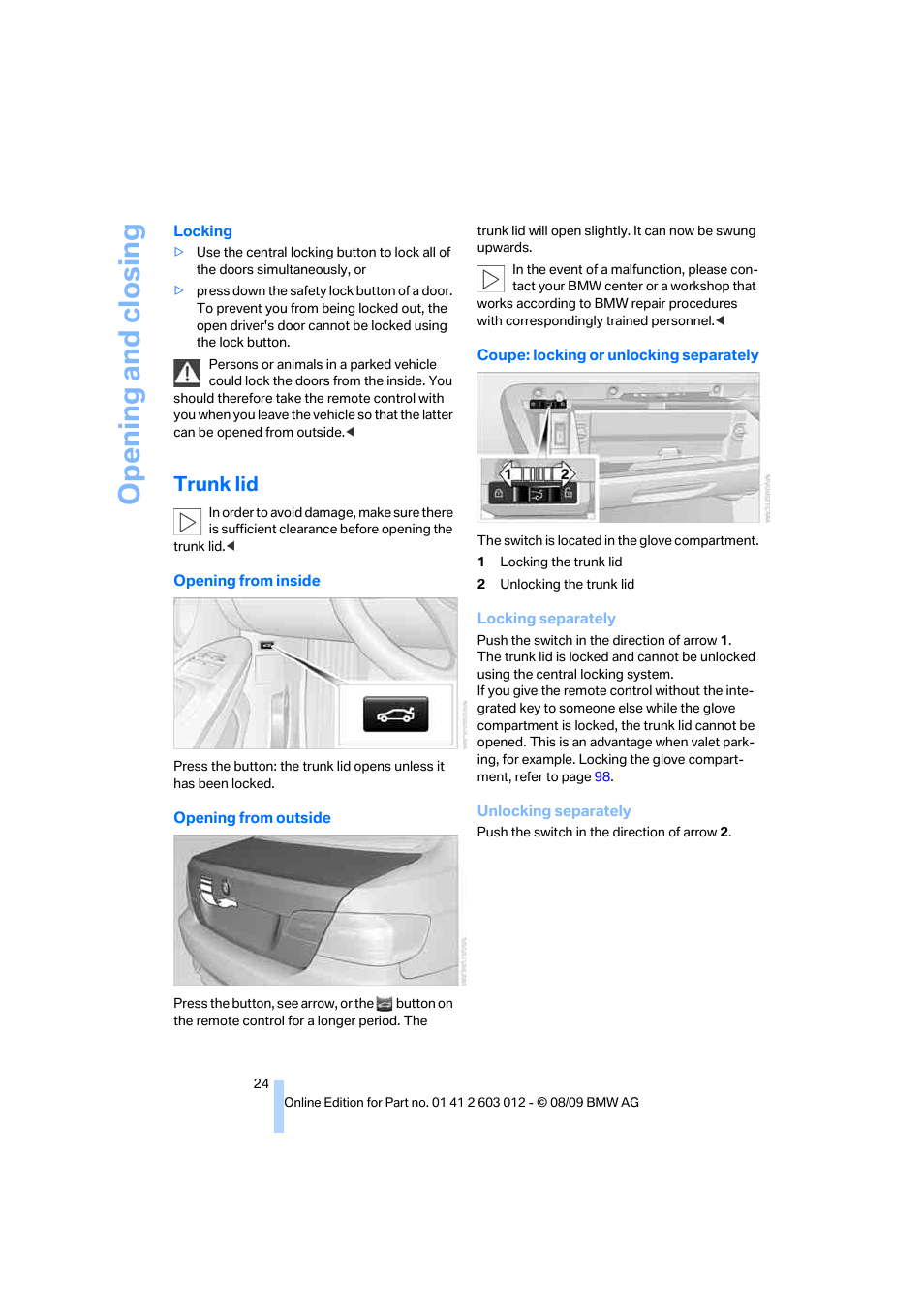 Trunk lid, Opening and closing | BMW 335i Convertible 2010 User Manual | Page 26 / 188