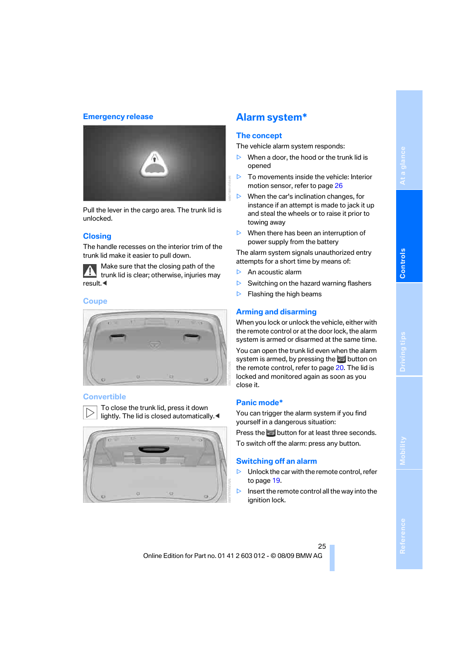 Alarm system | BMW 335i Convertible 2010 User Manual | Page 27 / 188