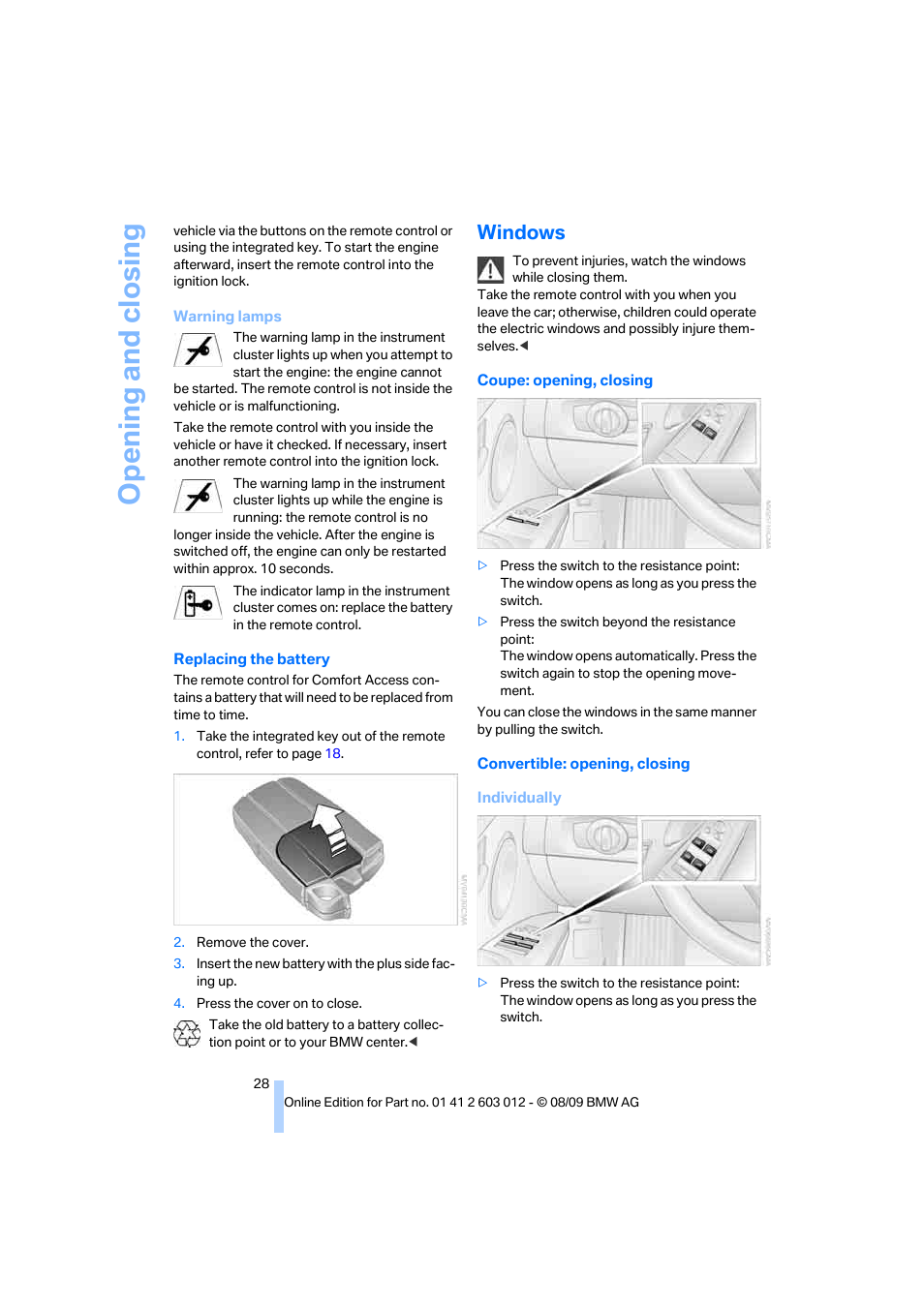 Windows, Opening and closing | BMW 335i Convertible 2010 User Manual | Page 30 / 188