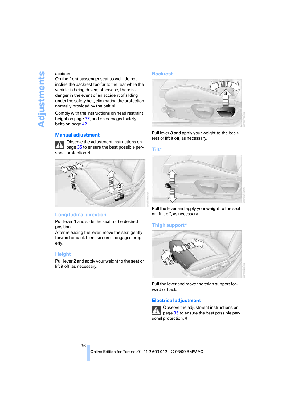 Adju stmen ts | BMW 335i Convertible 2010 User Manual | Page 38 / 188