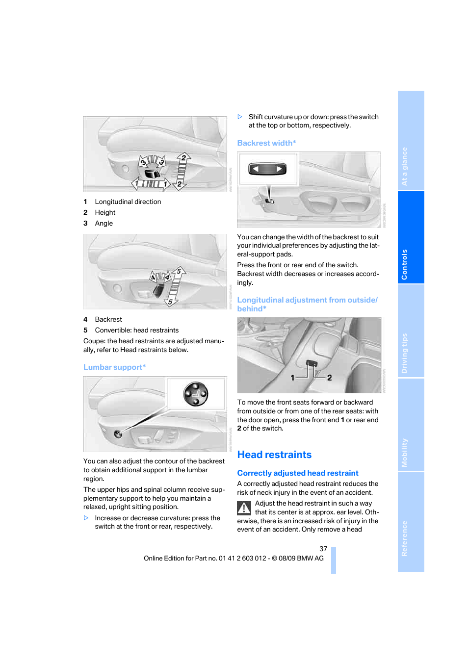 Head restraints | BMW 335i Convertible 2010 User Manual | Page 39 / 188