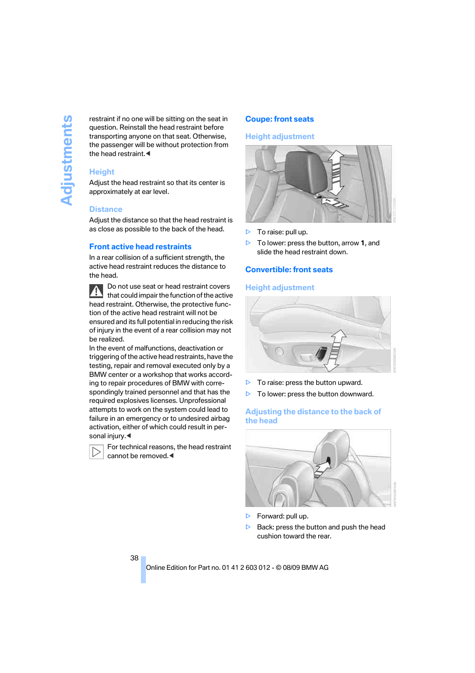 Adju stmen ts | BMW 335i Convertible 2010 User Manual | Page 40 / 188