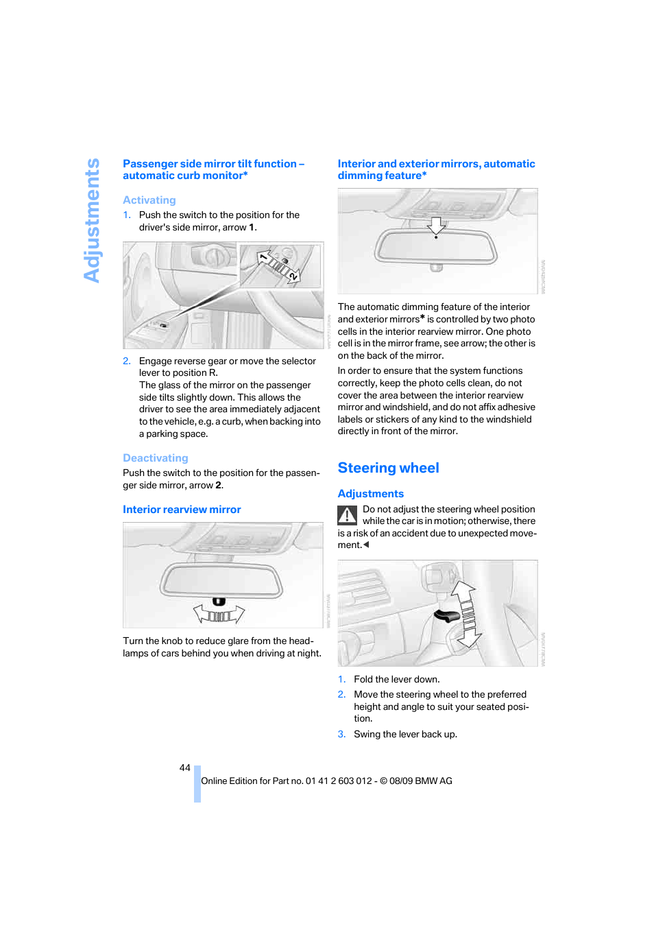 Steering wheel, Wheel, Adju stmen ts | BMW 335i Convertible 2010 User Manual | Page 46 / 188