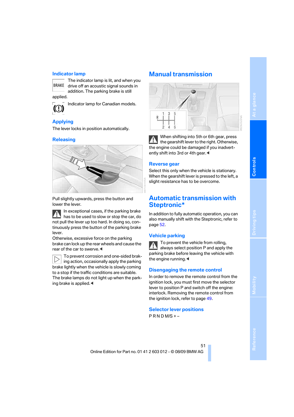 Manual transmission, Automatic transmission with steptronic | BMW 335i Convertible 2010 User Manual | Page 53 / 188