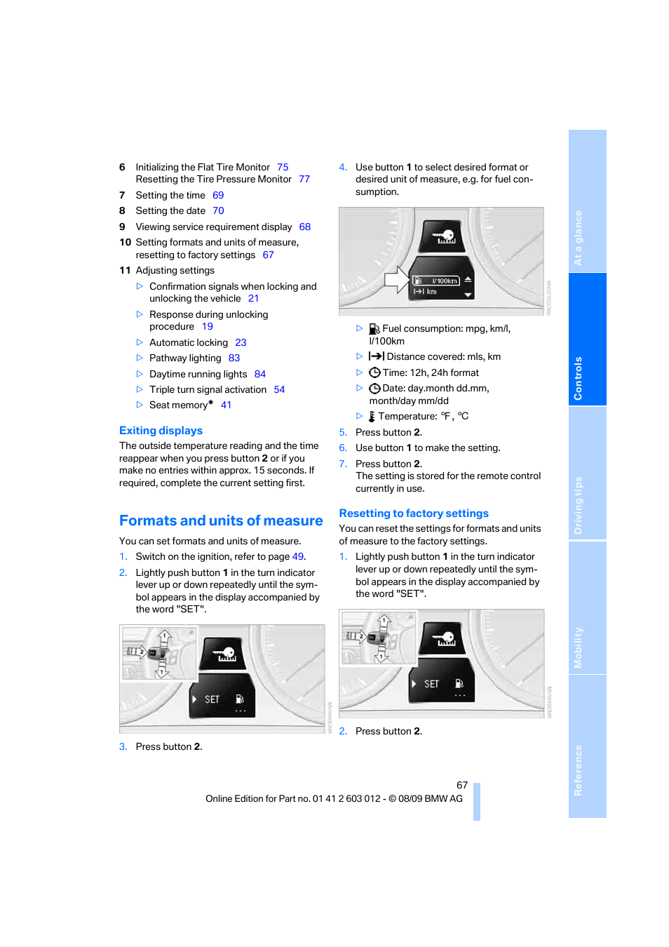 Formats and units of measure, Formats and units of measure o | BMW 335i Convertible 2010 User Manual | Page 69 / 188