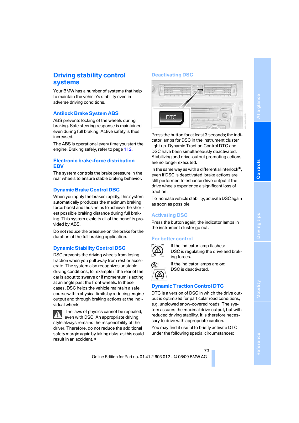 Driving stability control systems | BMW 335i Convertible 2010 User Manual | Page 75 / 188