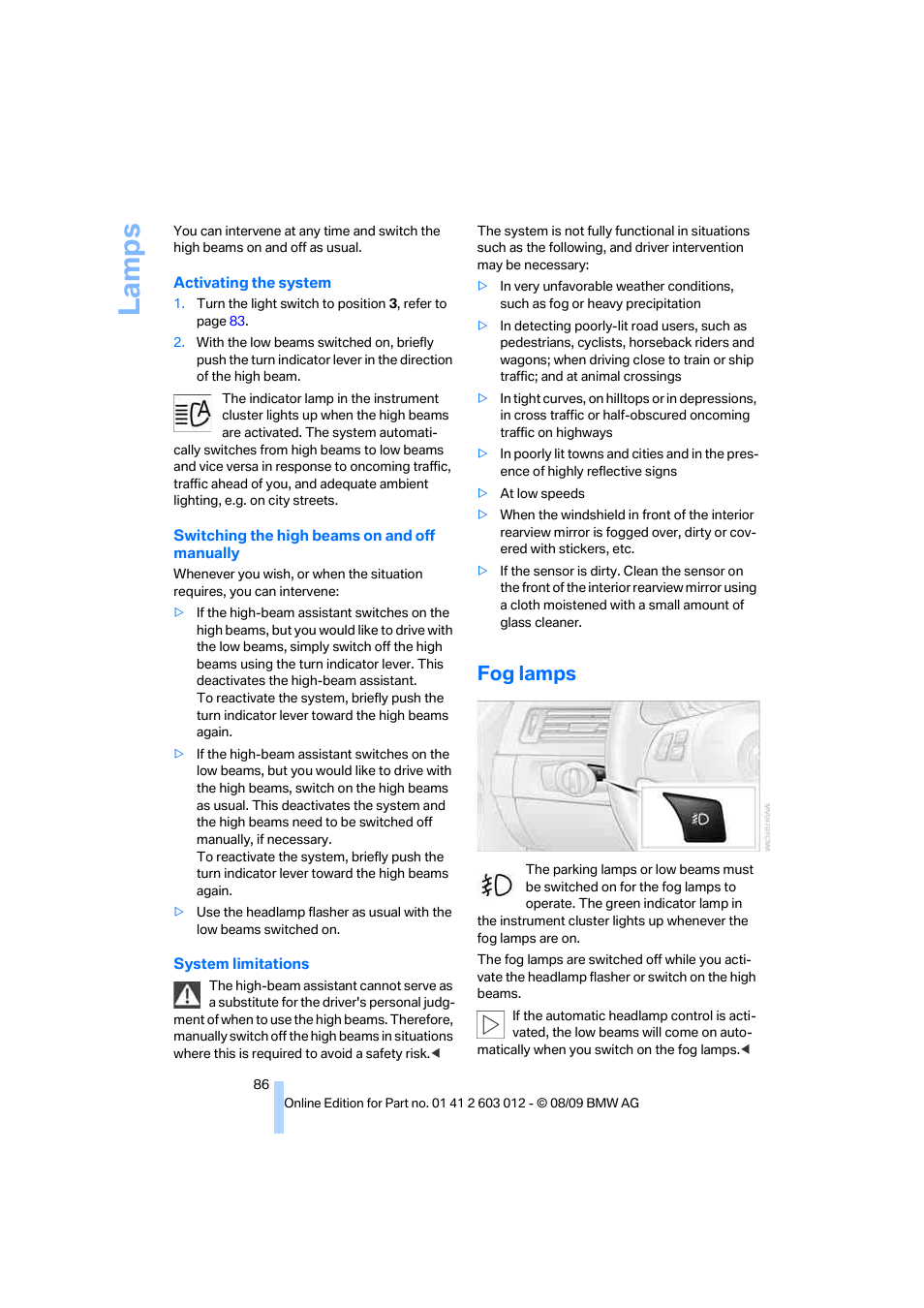 Fog lamps, La mp s | BMW 335i Convertible 2010 User Manual | Page 88 / 188