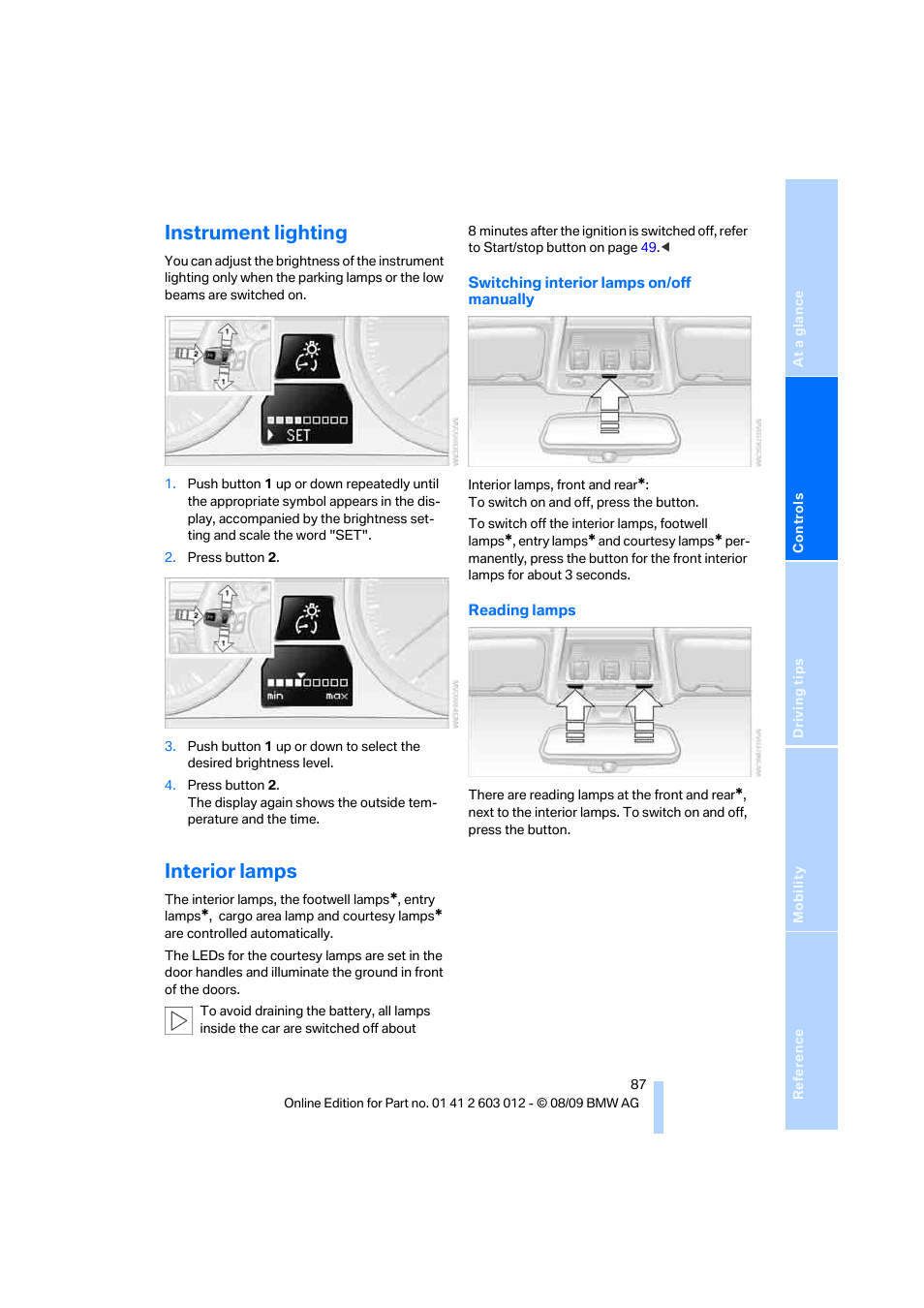 Instrument lighting, Interior lamps | BMW 335i Convertible 2010 User Manual | Page 89 / 188