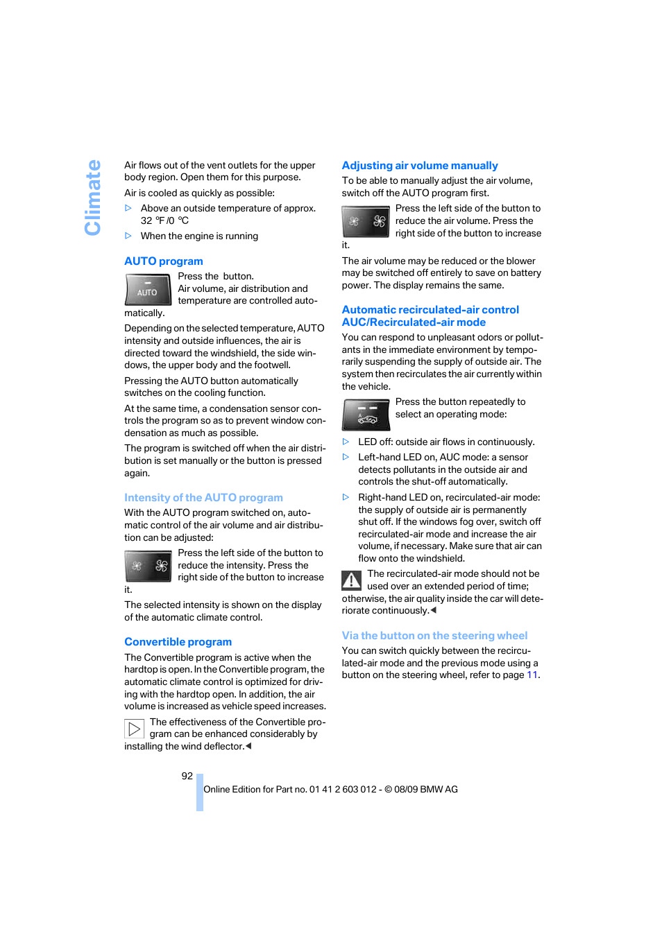 Auto program bel, Climate | BMW 335i Convertible 2010 User Manual | Page 94 / 188